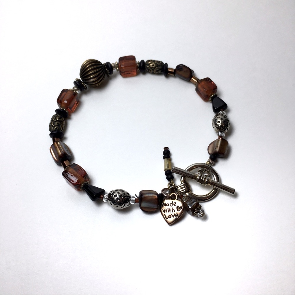 8” Bead Toggle Bracelet Browns Brass Silver Tone